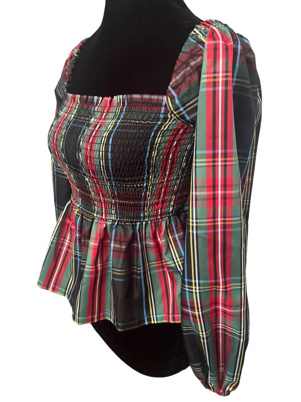 J.Crew Puff-Sleeve Smocked Top in Stewart Tartan Size XS Peplum Holiday